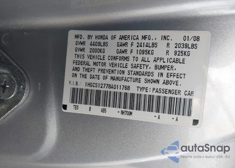 2008 Honda Accord 2.4 Ex из США, поврежденный, VIN 1HGCS12778A011768